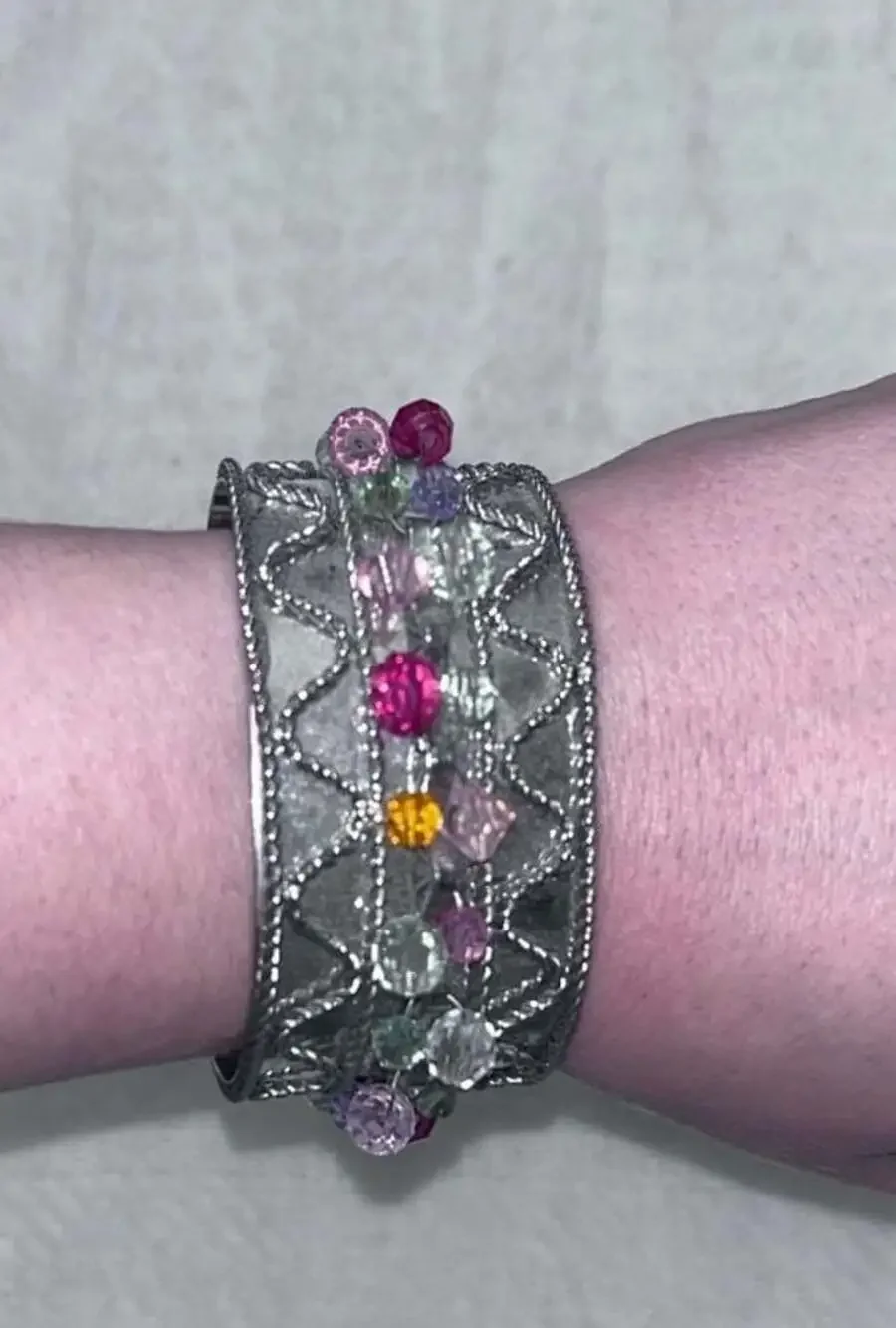 Silver tone Multi Color Bead Wide Cuff Bracelet